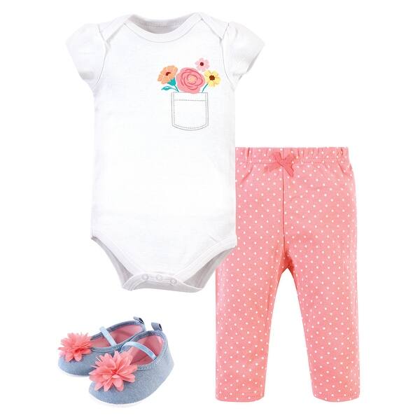 slide 1 of 1, Little Treasure Baby Girl Cotton Bodysuit, Pant and Shoe 3pc Set, Flower Pocket 0-3 Months - Flower Pocket