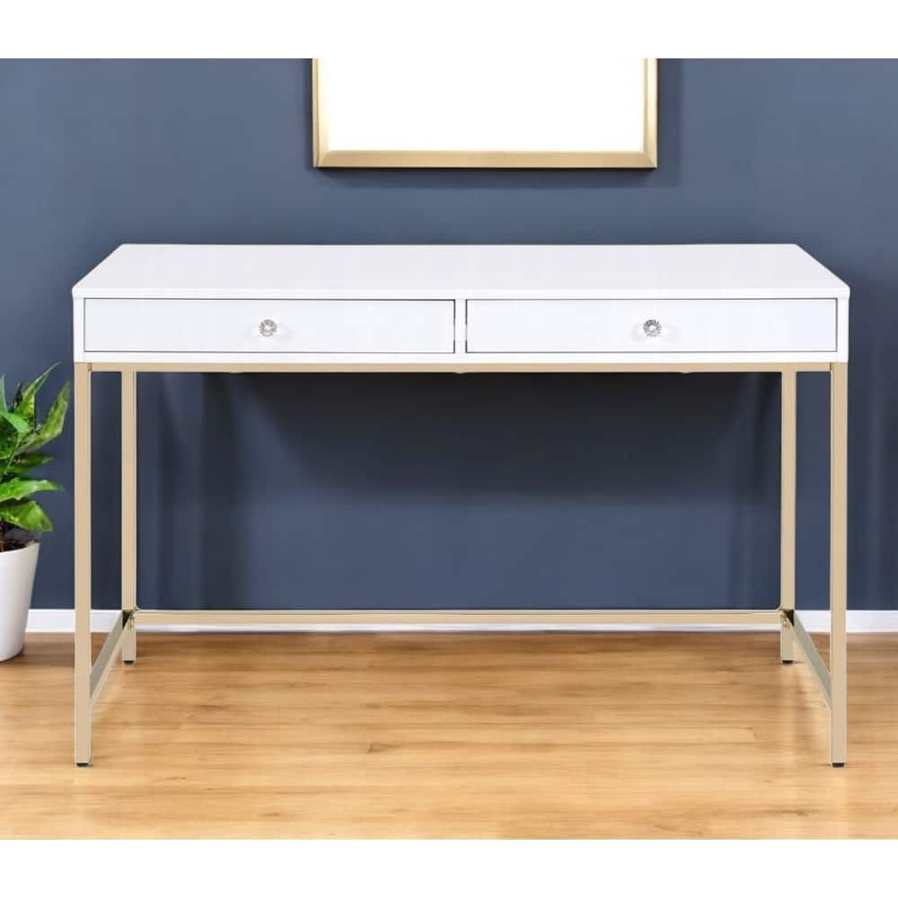 HomeRoots 47" White And Gold Wood and Steel Vanity Table With Two Drawers