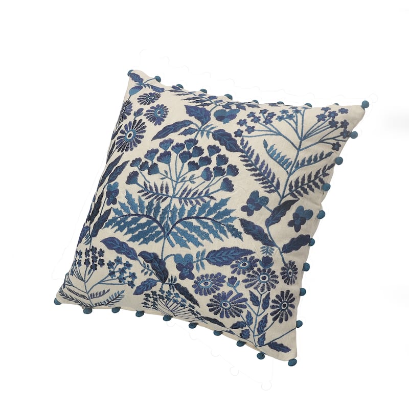 Sevita Dyna Bohemian Floral White/Navy Embroidered Throw Pillow