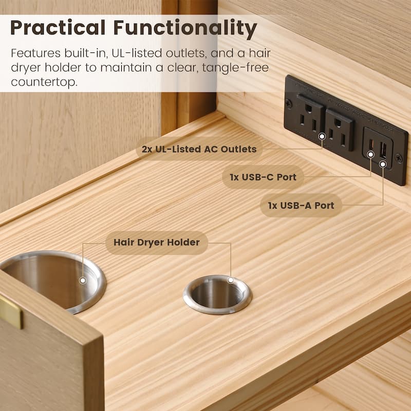 60" Freestanding Double-Sink Bathroom Vanity with Engineered Stone Top, Built-In Power Outlet, and Hair Dryer Storage