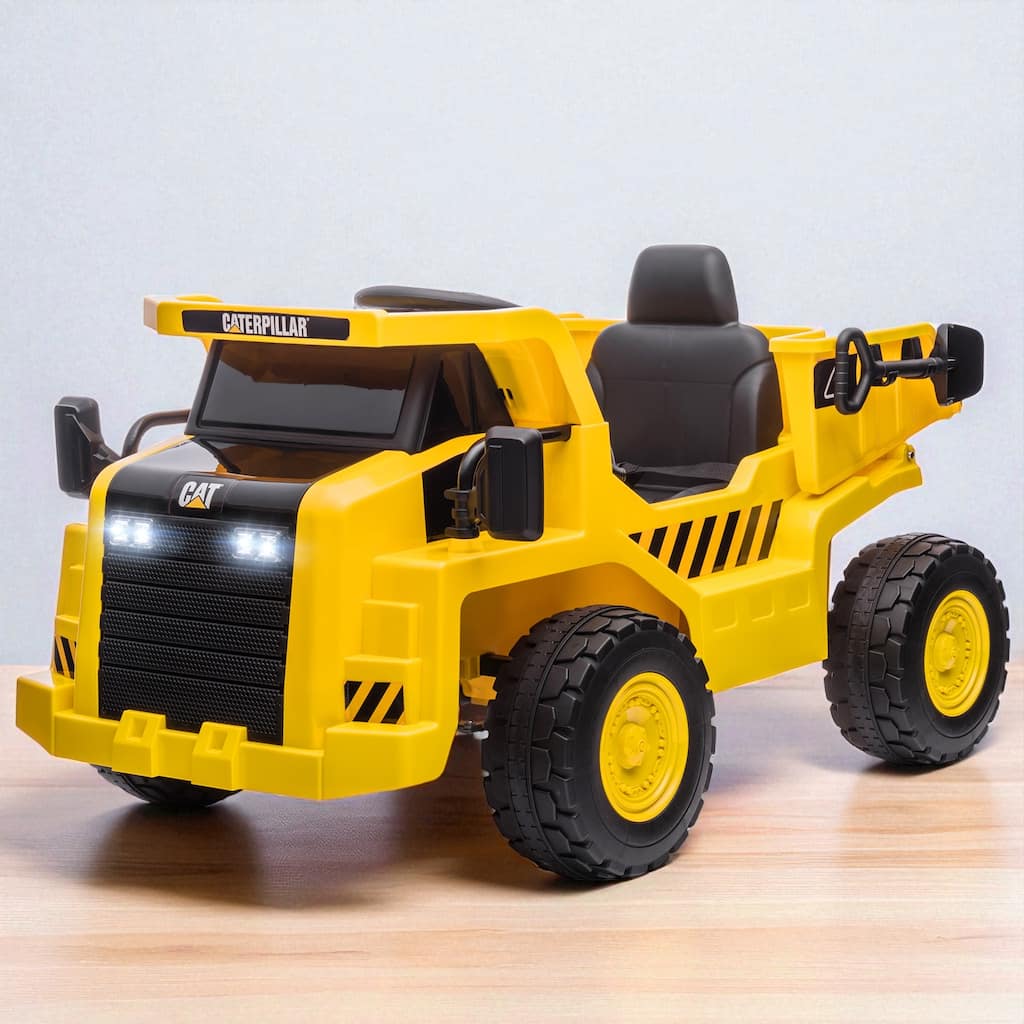 12V Caterpillar Ride-On Dump Truck with Parental Remote, Music, Bucket & Shovel for Kids 3-6