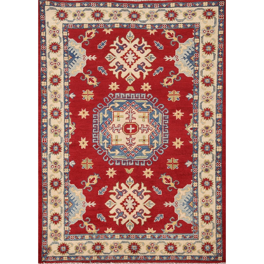 Red Kazak Oriental Rug Handmade Wool Carpet - 3'5"x 4'9"