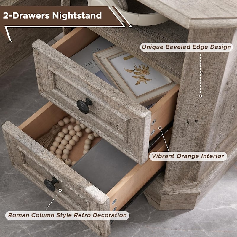 18" Farmhouse Nightstand with Charging Station, End Table,Side Table