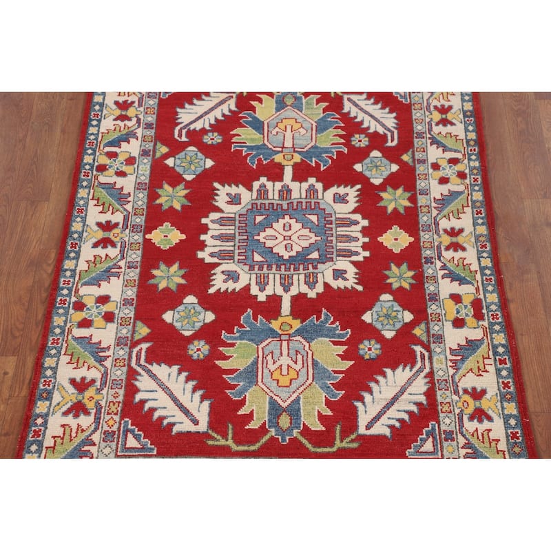 Traditional Kazak Foyer Rug Handmade Red Geometric Wool Carpet - 3'5" x 5'1"