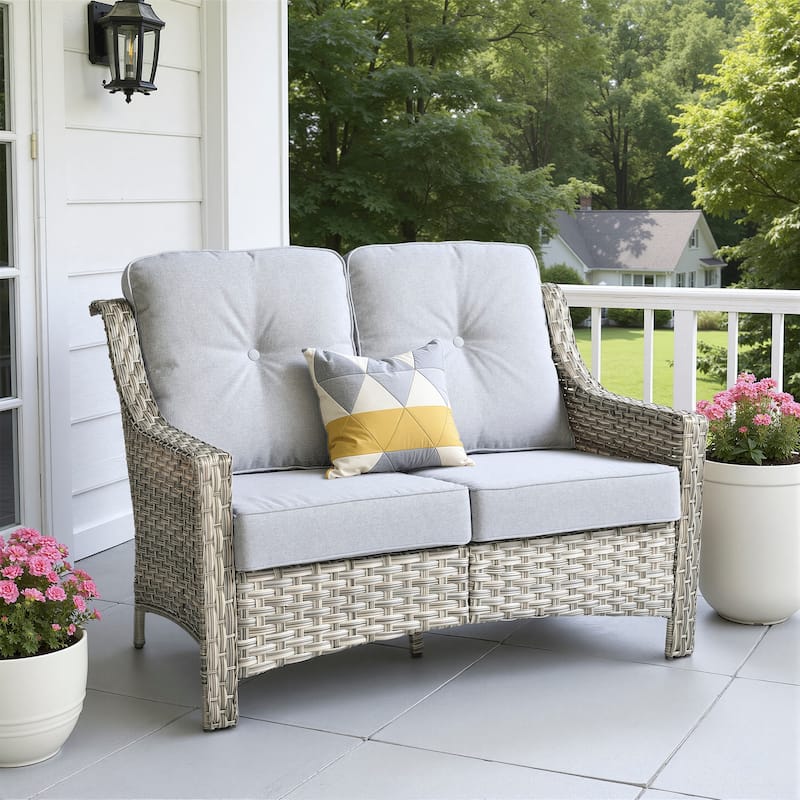 XIZZI Patio Wicker Loveseat with Cushions Outdoor 2-Seater Sofa for Patio, Deck, or Backyard - Grey