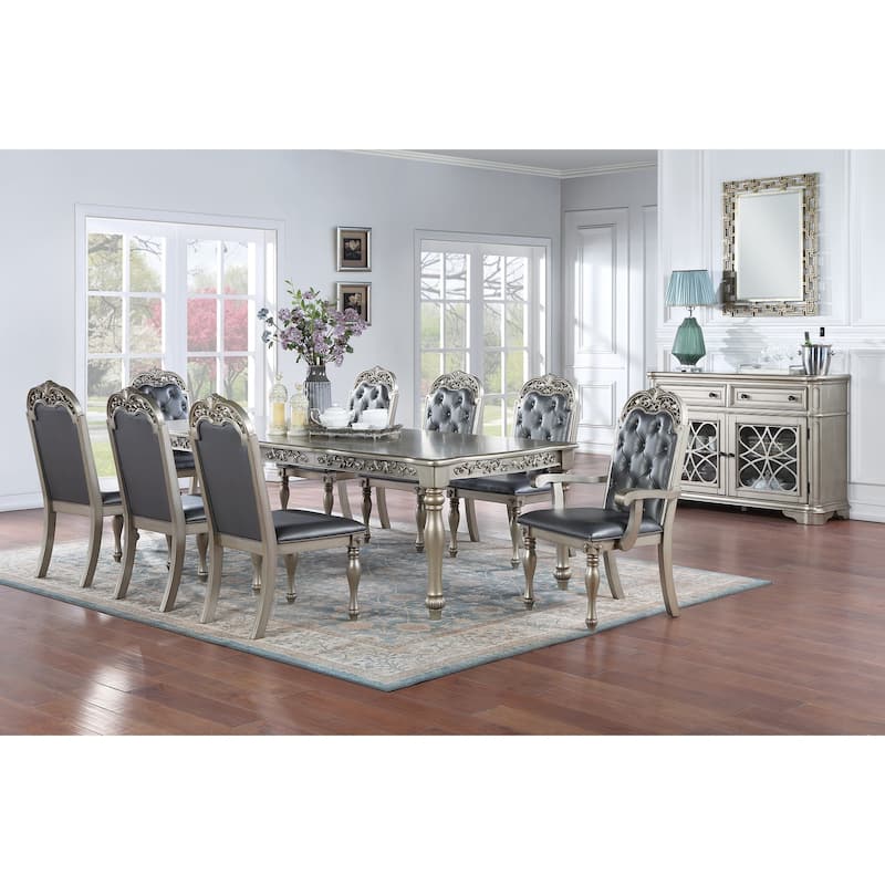 Formal 1pc Dining Table w 2x Leaves Only Silver / Grey Finish Antique Design Rubberwood Large Family Dining Room Furnitu