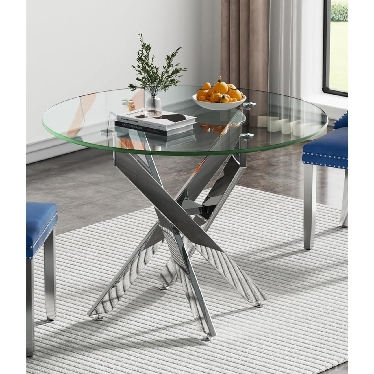 Modern Round Glass Dining Table with Silver Metal Cross Legs, Seats 2-4, Space-Saving Design for Kitchen, Living Room