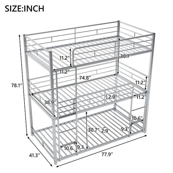 dimension image slide 1 of 2, Twin Size Steel Triple Bunk Bed with Full-Length Guardrails and Two Ladders