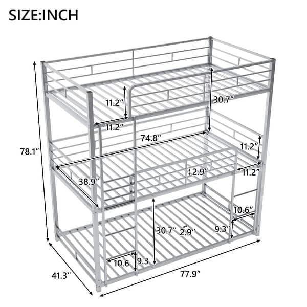dimension image slide 1 of 2, Twin Steel Triple Bunk Bed with Guardrails, Ladders