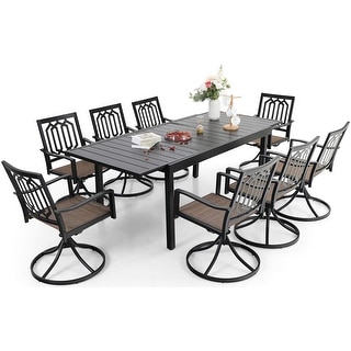 MakeYourDay Outdoor 9 Pieces Dining Set with 8 Swivel Metal Chairs of Textilene Seat and 1 Expandable Rectangle Table
