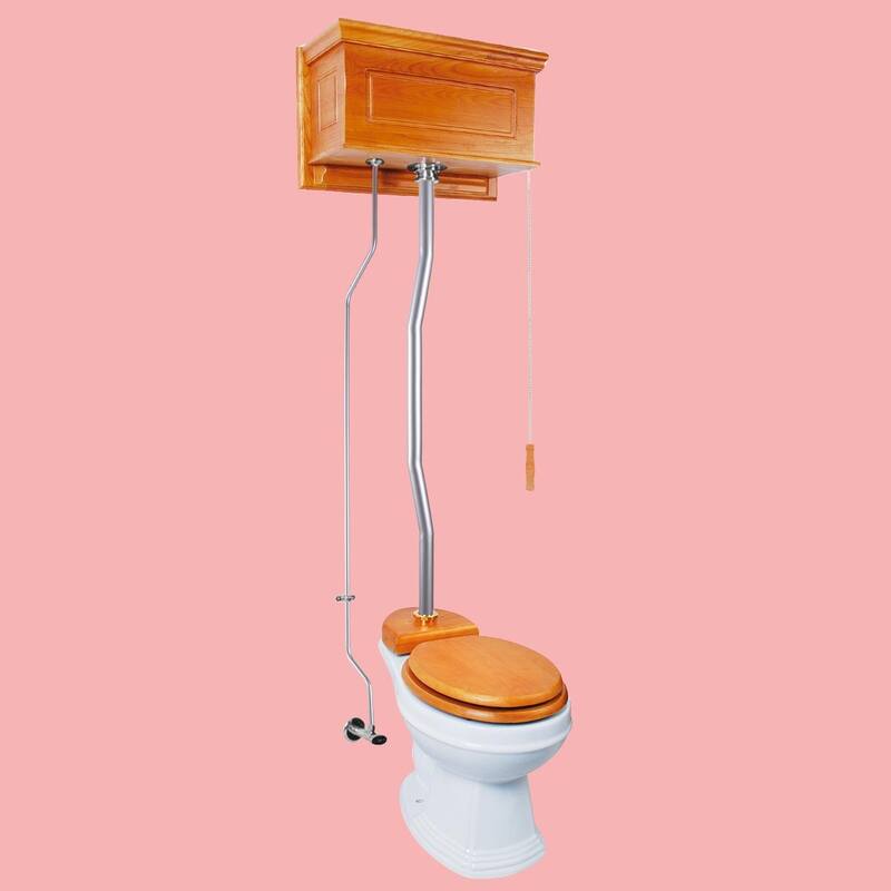 Light Oak Wooden High Tank Toilet Raised Tank, Satin Plated Z Pipe and Round White Bowl