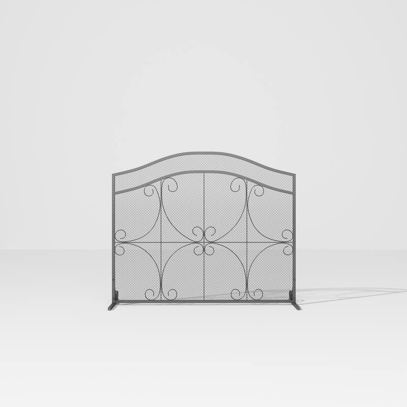 Vintage Wrought Iron Fireplace Screen with Arched Top, Decorative Scroll Design, Sturdy Mesh Spark Guard for Home Hearth