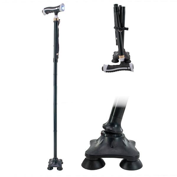 slide 2 of 7, Folding Walking Cane with LED Light, Quad Pivoting Base and Ergonomic Handle - 5 Adjustable Heights, Collapsible, Portable Black