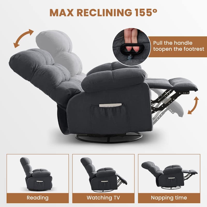 Swivel Rocker Recliner Chair 360° Manual with Side Pockets for Adults