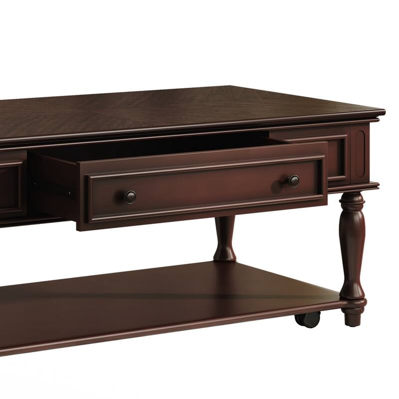 Coffee Table with One Drawer, Retro Movable Rectangular Cocktail Table with Lockable Wheels, Country Style Center Table