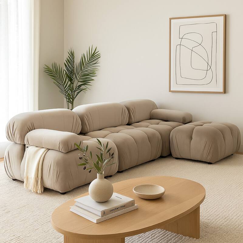 Hito 4 Piece Modular 111 inch Sectional Chaise Sofa Set, Tan Brown Bubble Tufting