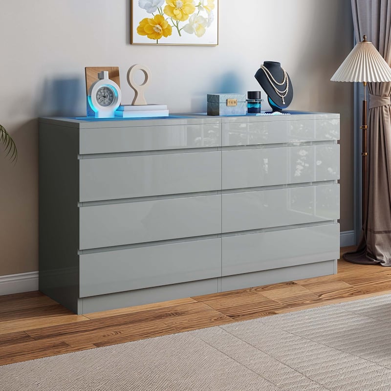 Moasis 8 Drawer High Gloss Dresser with RGB LED Light for Modern Bedroom Storage - Grey
