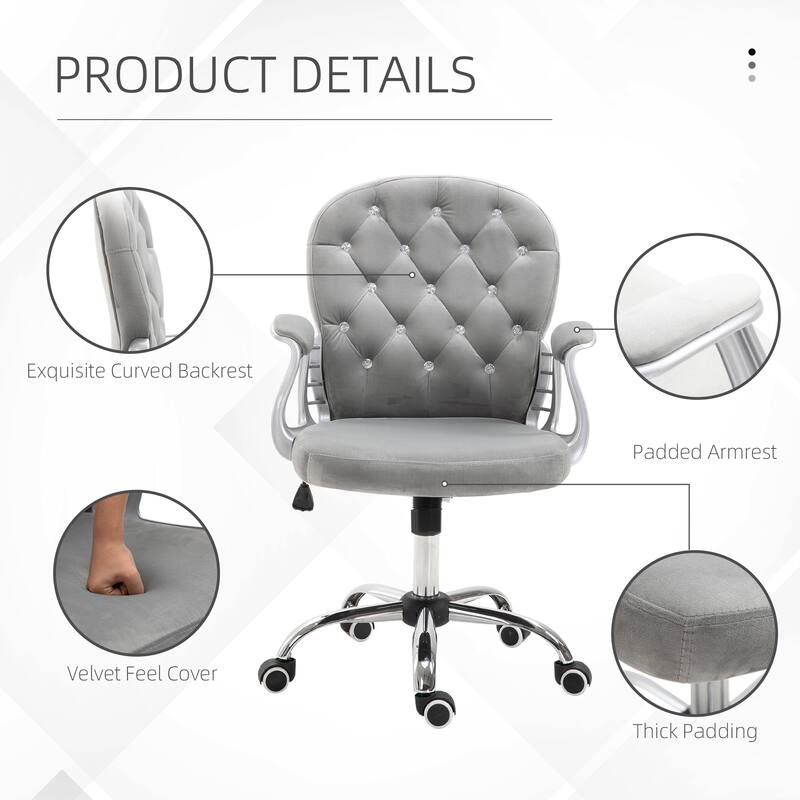 Button Tufted Desk Chair, Velvet Vanity Chair with Back and Wheels, Swivel Rolling Chair with Adjustable Height - N/A