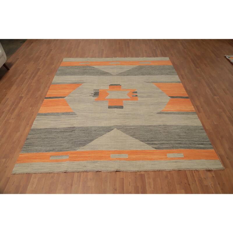 Hand Woven Oriental 100% Wool Carpet Southwestern Modern Greys & Charcoal Kilim Area Rug - 9' 7'' X 8' 4''