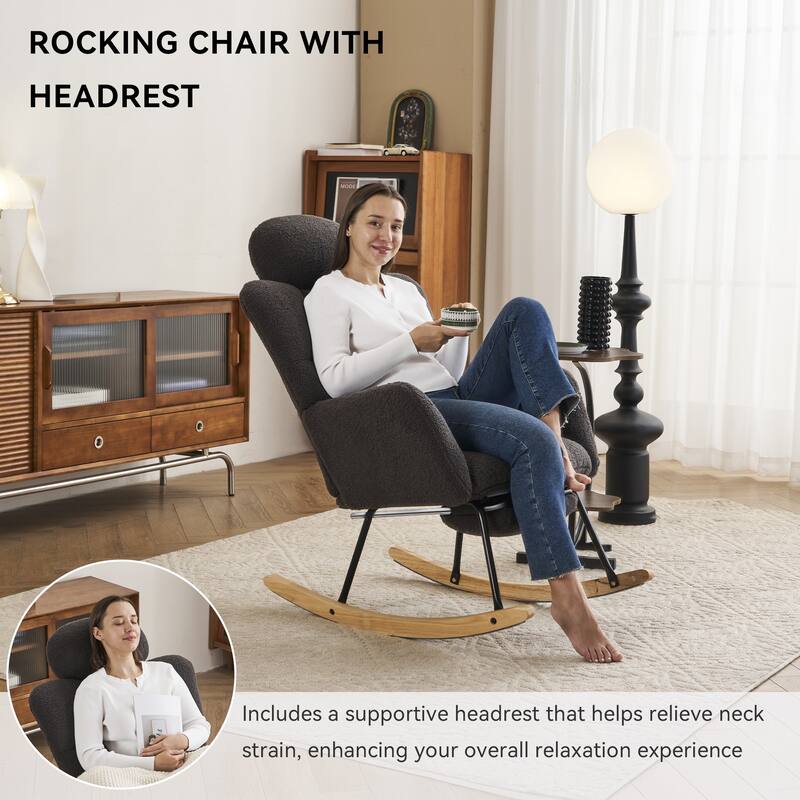 Comfortable Teddy Fabric Upholstered Rocking Chair with High Backrest and Pillows for Indoor Use