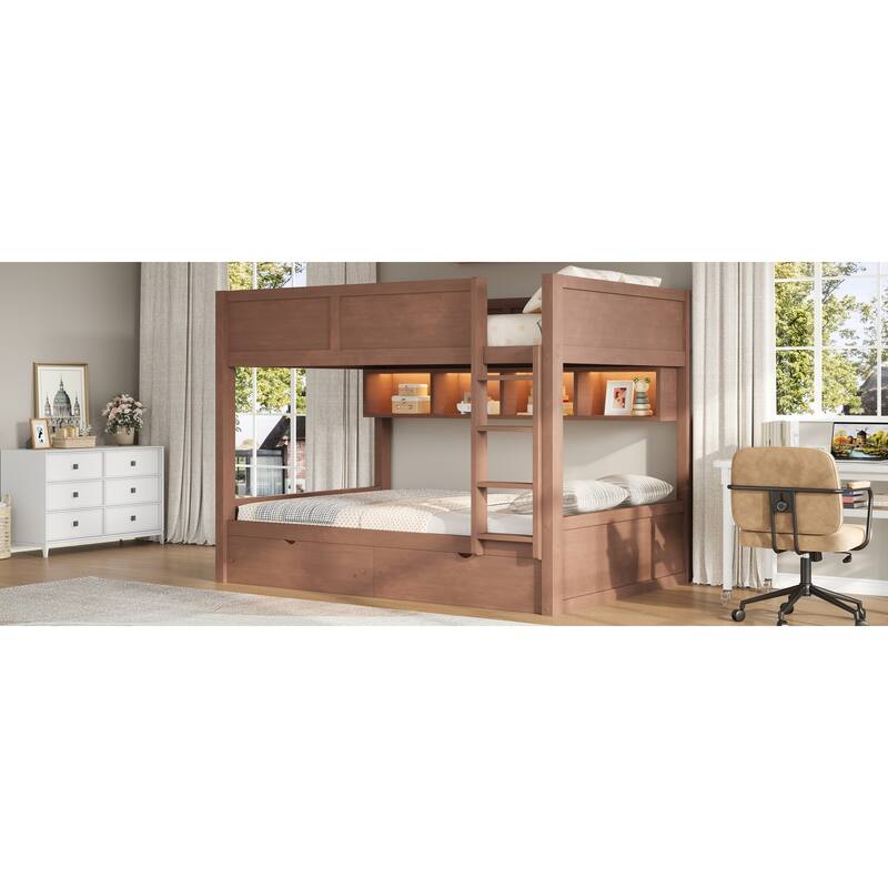 Wooden Full XL Over Full XL Bunk Bed with Storage Cabinets Built-in LED Lighting and 2 Pull-out Storage Drawers
