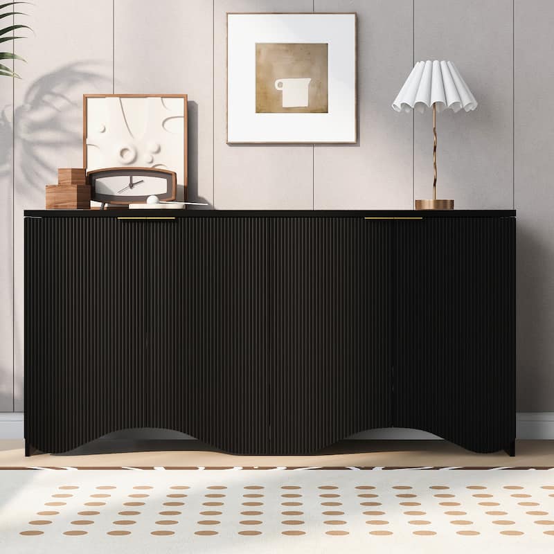 63-Inch Four-Door Storage Cabinet with Vertical Stripes and Wavy Design, Adjustable Shelves, MDF Construction, for Living Room