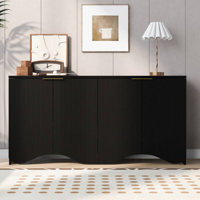 Vertical Stripes & Wavy Storage Cabinet, Sideboard Buffet Cabinet Console Table with 4 Doors and Adjustable Shelving