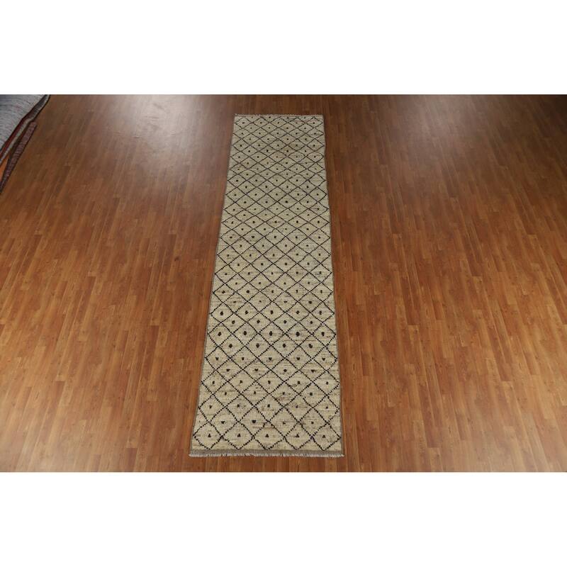 Trellis Beige Moroccan Oriental Runner Rug Hand-Knotted Wool Carpet - 3'6" x 12'10"