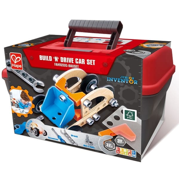 slide 2 of 5, Hape: Junior Inventor: Build 'N' Drive Car Set - 37pcs, Kids 3+