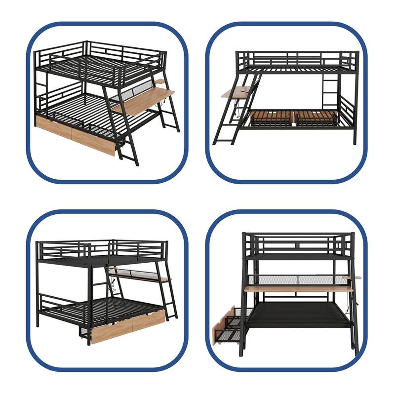 Full Size Bunk Bed with Built-in Desk and Light