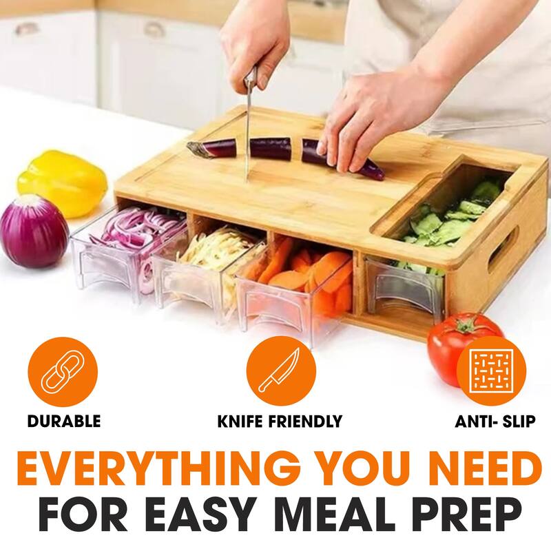 Cheer Collection Bamboo Cutting Board with 4 Graters and 4 Storage Trays