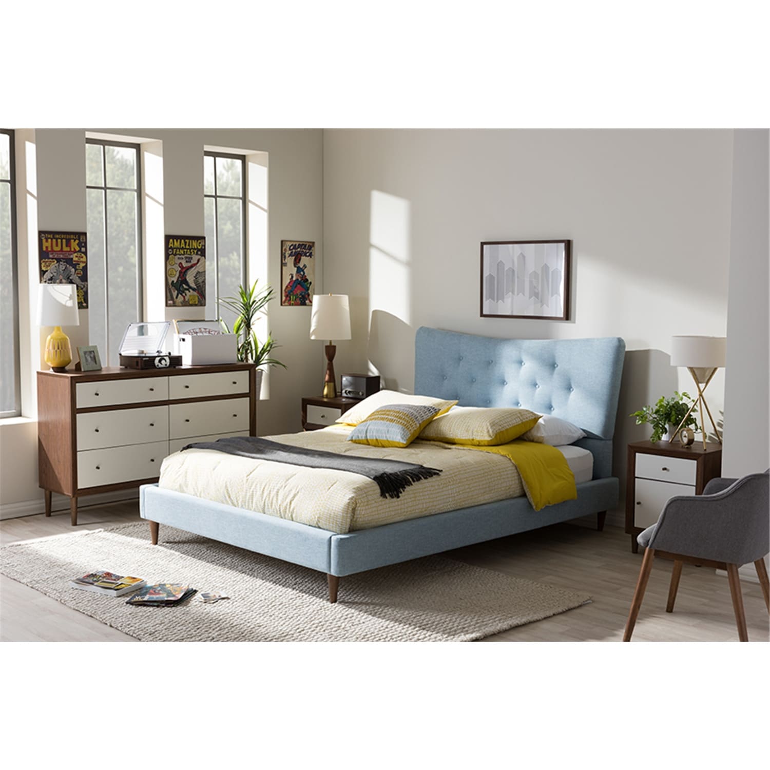 Mid-Century Platform Bed - Beige Linen Upholstery - Modern Low Profile Bed for Bedroom - Solid Wood Frame
