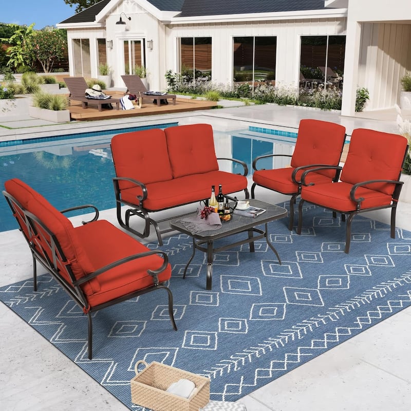 5-Piece Outdoor Patio Conversation Set Glider Loveseat and Rocker with Cushions - Red