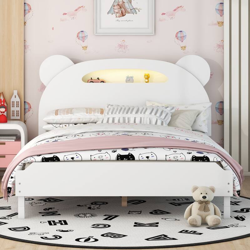 Full Size Wood Platform Bed with Bear-shaped Headboard,Bed with Motion Activated Night Lights