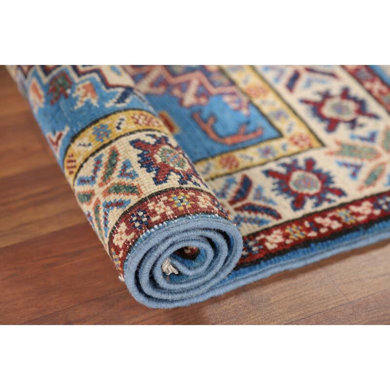 Blue Geometric Kazak Foyer Rug Handmade Oriental Wool Carpet - 2'1" x 3'0"
