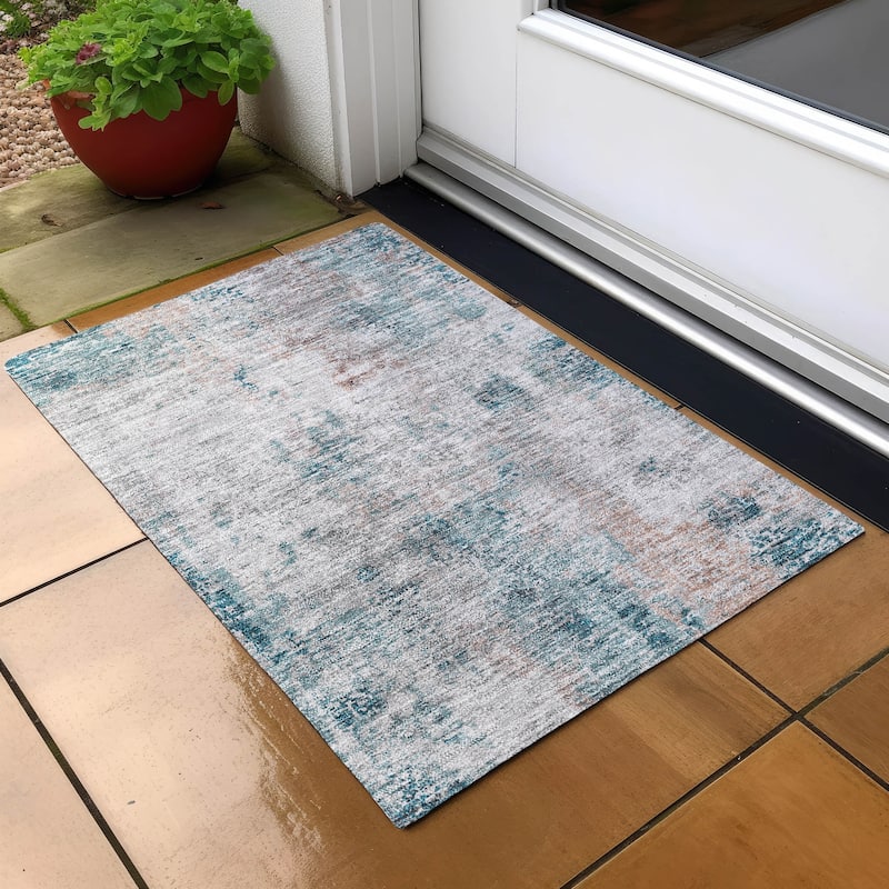 Machine Washable Indoor/ Outdoor Chantille Abstract Modern Rug - Teal - 1'8" x 2'6"