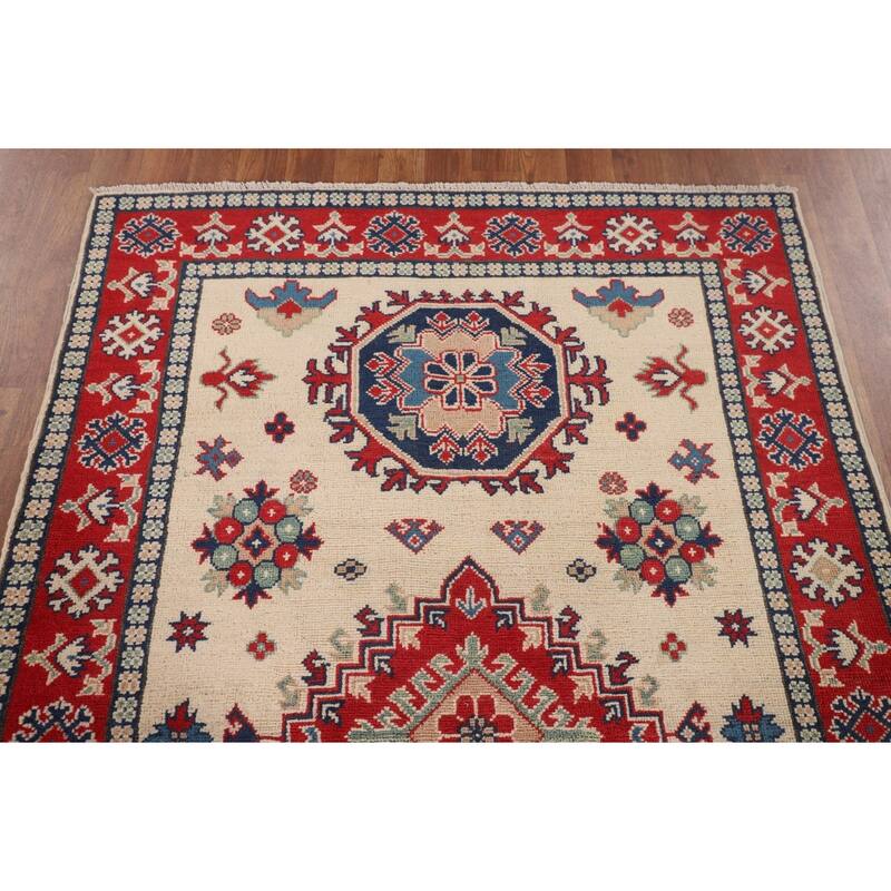 Geometric Ivory Kazak Accent Rug Hand-Knotted Wool Carpet - 3'11" x 5'11"