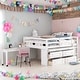 preview thumbnail 2 of 35, Full Size Wooden Loft Bed with Shelves, Desk and 4 Drawers, White