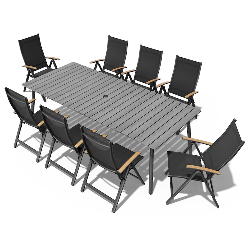 7/9-Piece Outdoor Rectangle Aluminum Dining Table with Umbrella Hole include Folding Chairs