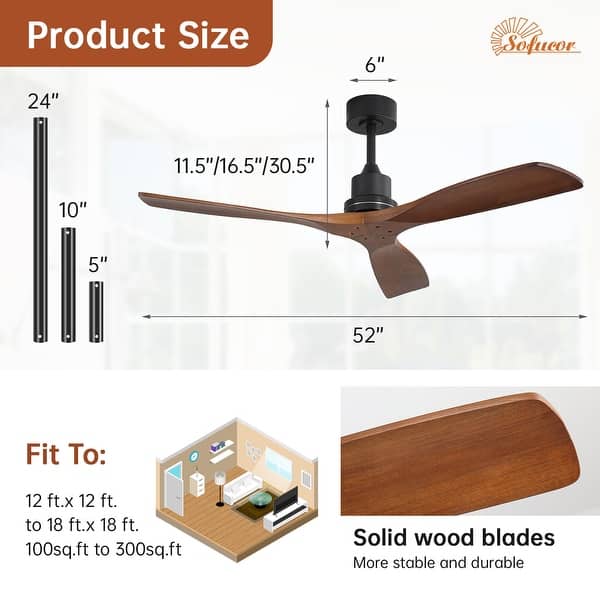dimension image slide 11 of 14, Sofucor 48/52 Inch Ceiling Fan with Light, Solid Wood Blades for Living Room, Bedroom,Smart Optional