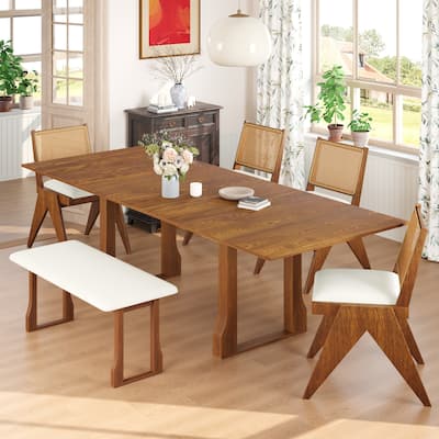6-Piece Modern Extendable Dining Table Set Wooden Dining Table and Chair Set with 4 Wicker Back Chairs and Long Bench