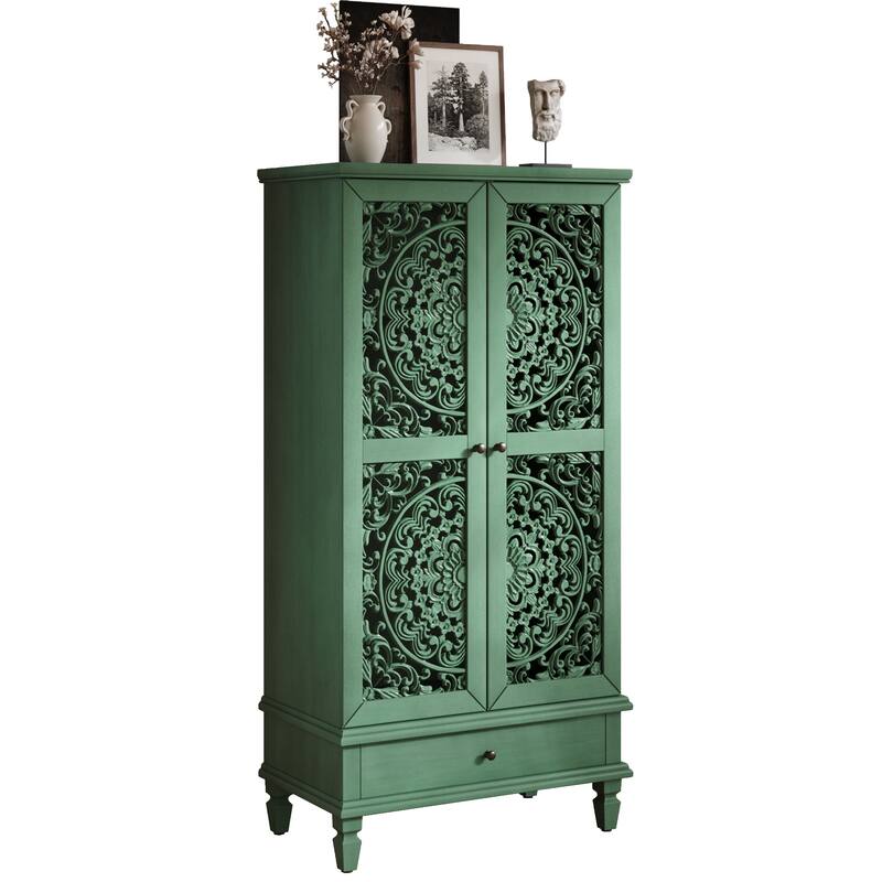 GDF Studio - Maribelle Rustic 55" Tall Storage Cabinet with Drawer, Decorative 2-Door Carved Wood Accent Cabinet