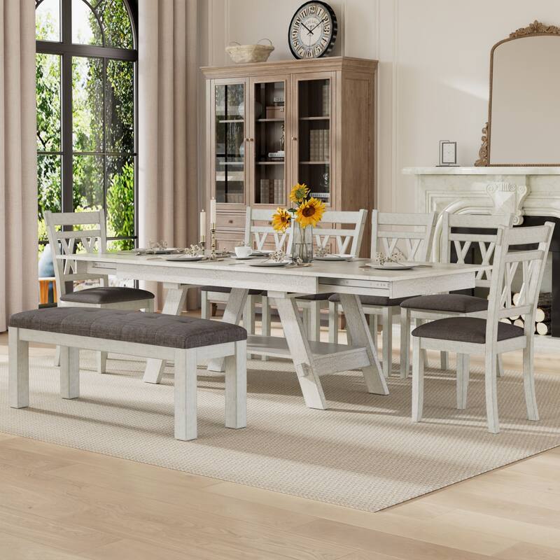 Javlergo Dining Table Set with Bench, Solid Wood Rectangular Extendable Dining Table and Chairs Set for 6-8