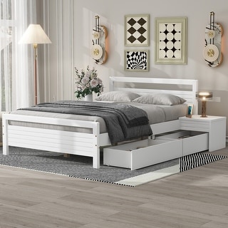 Full Size Pine Wooden Platform Kids Bed Frame with 2-Removable Storage Drawers, 2-Bedside Tables & Headboard for Bedroom, White