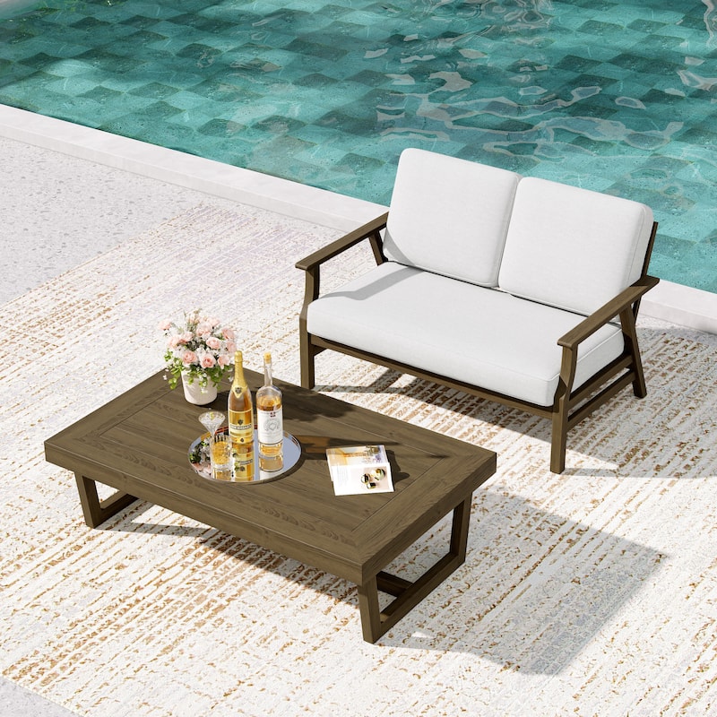 2-Piece Teak Outdoor Loveseat Set with Table. - Brown Wood - Beige/coffee table