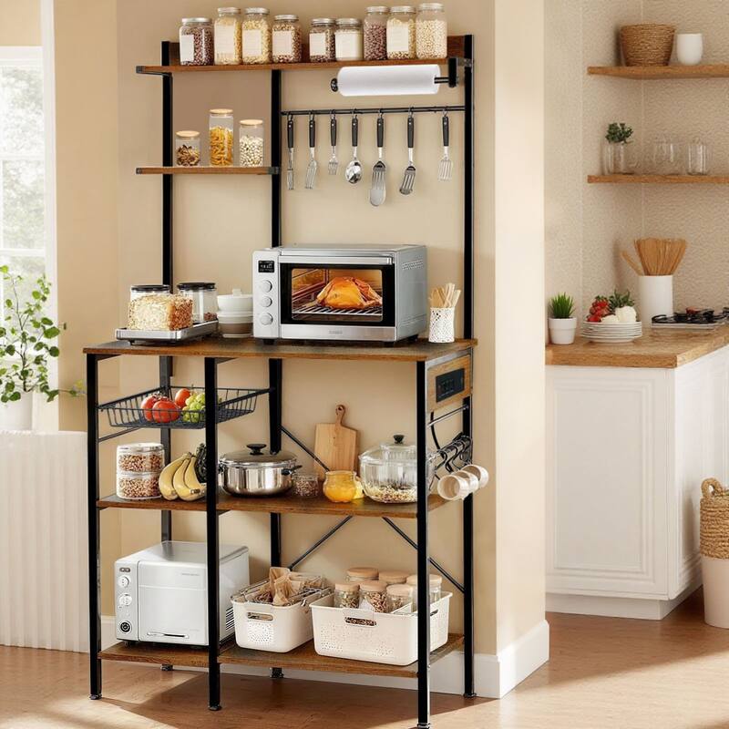 Bakers Rack with Power Outlet, Microwave Stand with Storage, Coffee Bar with S-Shaped Hooks, Kitchen Shelf with Wire Basket