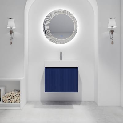 24 inch Plywood Wall Mounted Bathroom Vanity Set in Navy Blue with Integrated Resin Sink