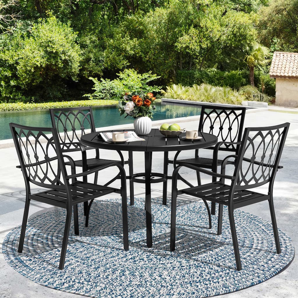 5-Piece Metal Patio Dining Set with Umbrella Hole, Stackable Design