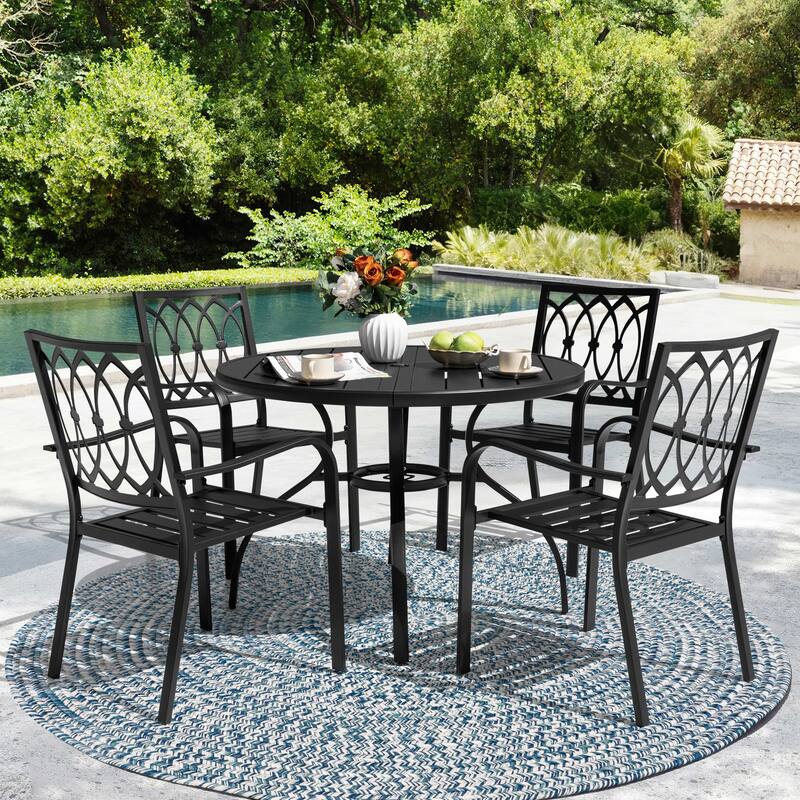 5-Piece Metal Patio Dining Set with Umbrella Hole, Stackable Design