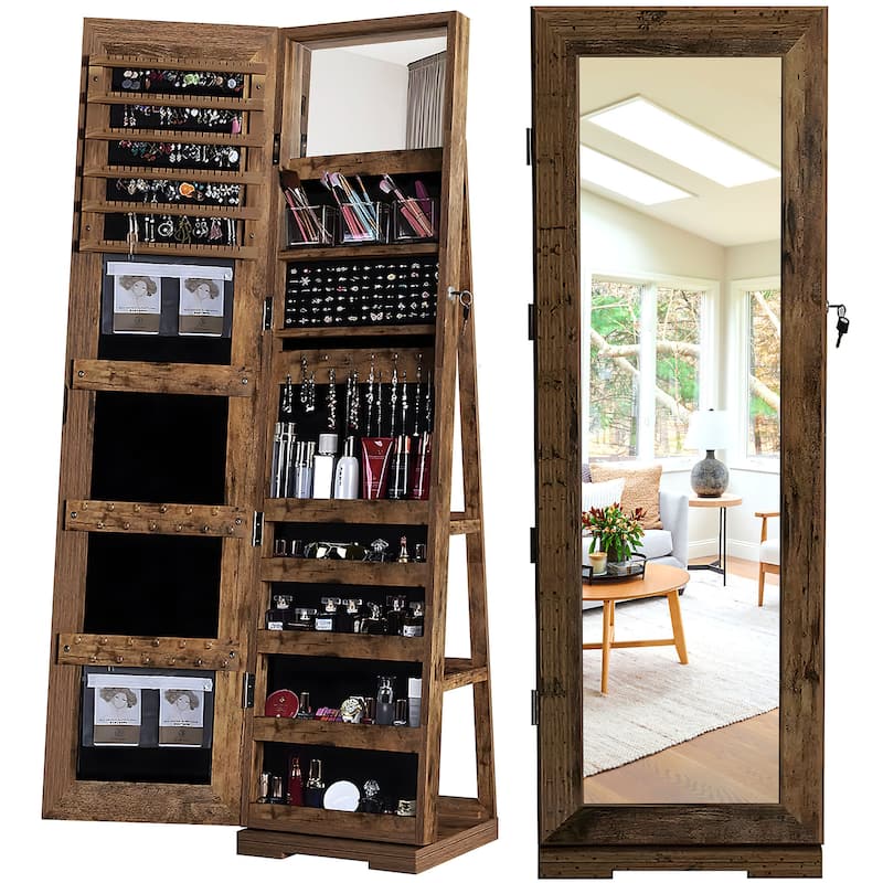 Standing Lockable Jewelry Armoire Jewelry Cabinet Organizer with Full-Length Mirror - 62.4"×14.8"